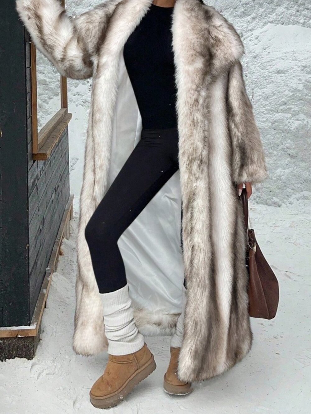 White Casual Women's Long Faux Fur Collar Coat - Picture 6 of 7